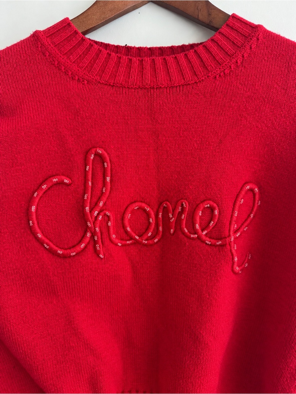Red Embroidered Crewneck Sweater